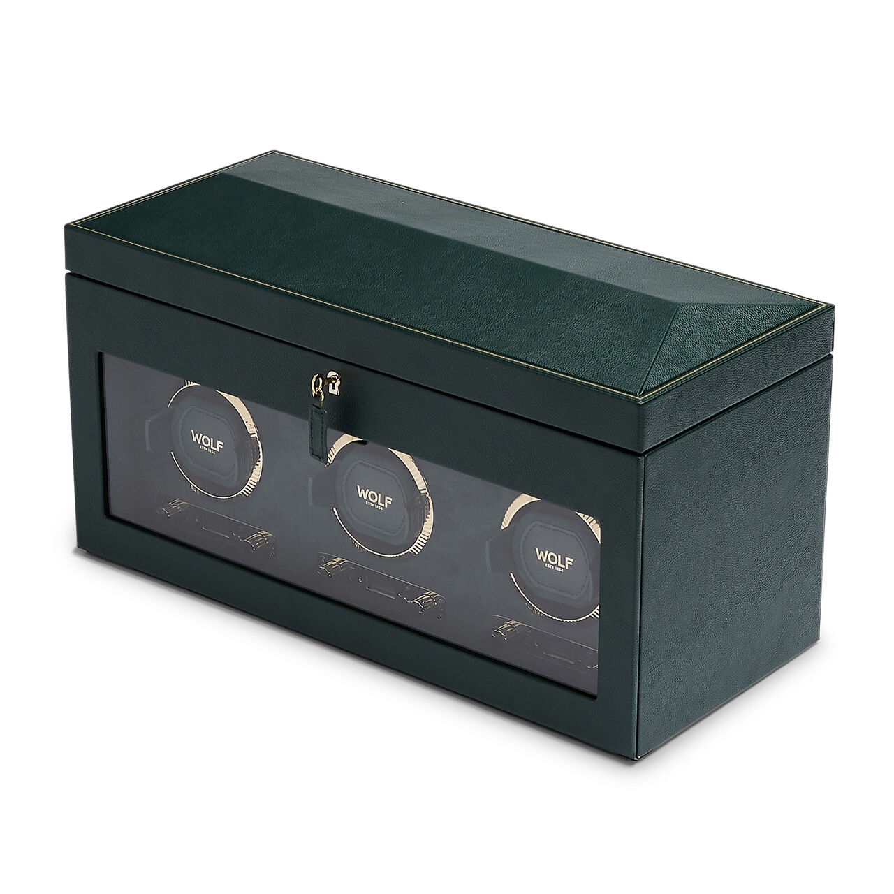 WOLF British Racing Green 3 Piece Watch Winder with Storage Angle image number 1
